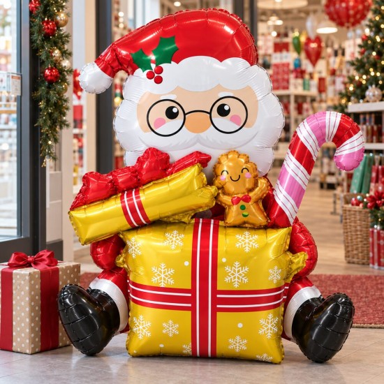 Toptan Yılbaşı Gold Hediye Kutulu Oturan Noel Baba Balon Toptan Yılbaşı Gold Hediye Kutulu Oturan Noel Baba Balon