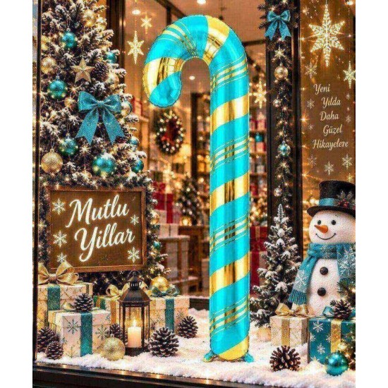 Toptan Yılbaşı Turkuaz Gold Baston Folyo Balon 73 cm
