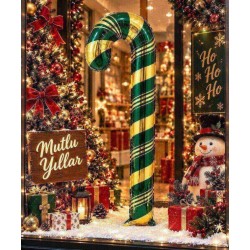 Toptan Yılbaşı Yeşil Gold Baston Folyo Balon 73 cm