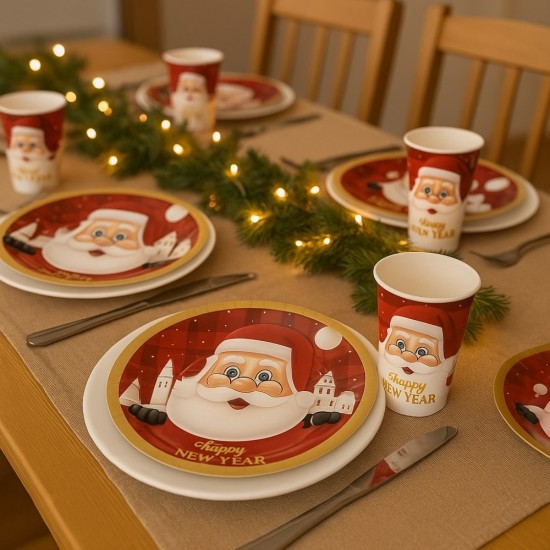 Noel Baba temalı yılbaşı tabak bardak seti – Happy New Year baskılı Noel Baba tabak bardak seti