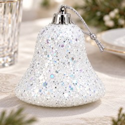 Toptan Beyaz Yılbaşı Çan Süsü Snow Simli 6 Adet Toptan Beyaz Yılbaşı Çan Süsü Snow Simli 6 Adet