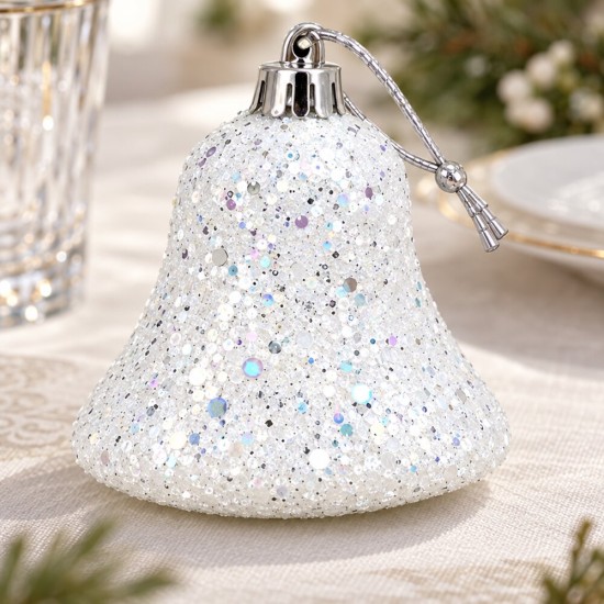 Toptan Beyaz Yılbaşı Çan Süsü Snow Simli 6 Adet Toptan Beyaz Yılbaşı Çan Süsü Snow Simli 6 Adet