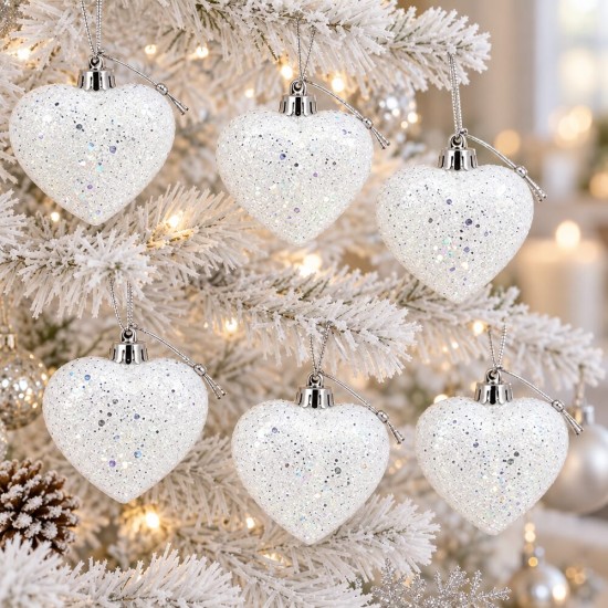 Toptan Beyaz Yılbaşı Kalp Süsü Snow Simli 6 Adet Toptan Beyaz Yılbaşı Kalp Süsü Snow Simli 6 Adet