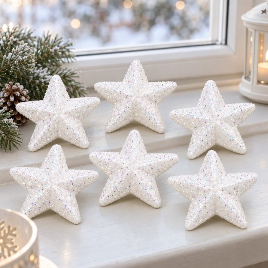 Toptan Beyaz Yıldız Süsü Snow Simli 6 Adet