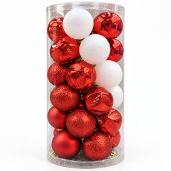 Toptan Çam Süs Seti 30'lu 6 cm Kırmızı Beyaz