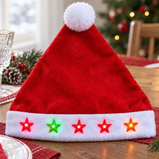 Toptan Işıklı Noel Baba Şapkası Yıldız Ledli