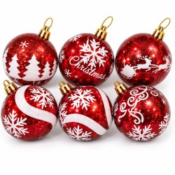 Toptan Yılbaşı Lüks Desenli Top Kırmızı Noel Motifli 6 Adet 6 cm