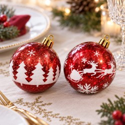 Toptan Yılbaşı Lüks Desenli Top Kırmızı Noel Motifli 6 Adet 6 cm