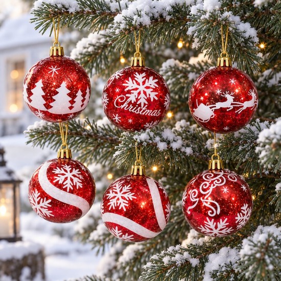 Toptan Yılbaşı Lüks Desenli Top Kırmızı Noel Motifli 6 Adet 6 cm