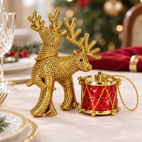 Toptan Yılbaşı Mini Süs Seti Gold Geyikli Karışık