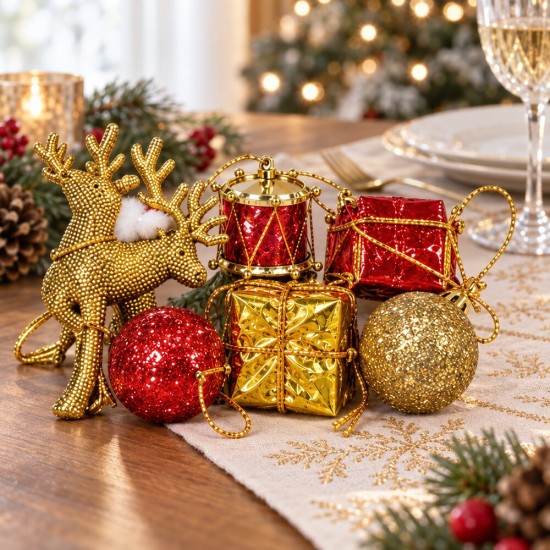 Toptan Yılbaşı Mini Süs Seti Gold Geyikli Karışık