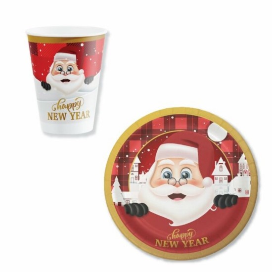 Noel Baba temalı yılbaşı tabak bardak seti – Happy New Year baskılı Noel Baba tabak bardak seti