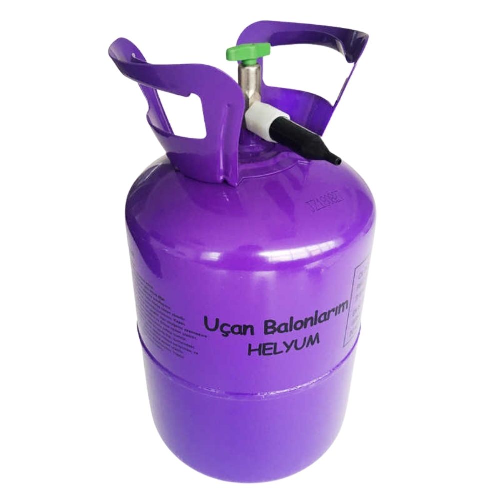 Şişirmeye hazır 2.2 litre kullan-at helyum tüpü; taşıma kulplu üst bölüm ve şişirme ucu görünümde