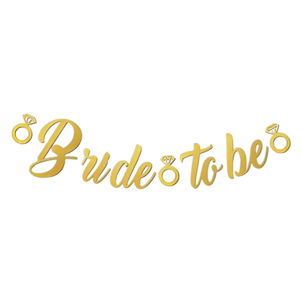 Altın renkli tek parça Bride To Be kaligrafi banner, uçlarında yüzük figürleriyle