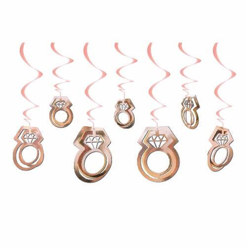 Rose gold renkli yüzük figürlü 3D tavan sarkıt seti, spiral şeritlerle asılı