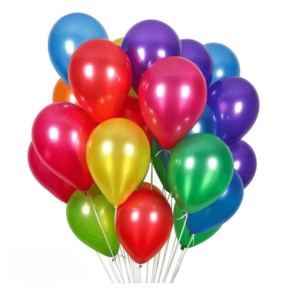 Helyumla şişirilmiş karışık renkli metalik lateks balonlardan oluşan uçan balon demeti