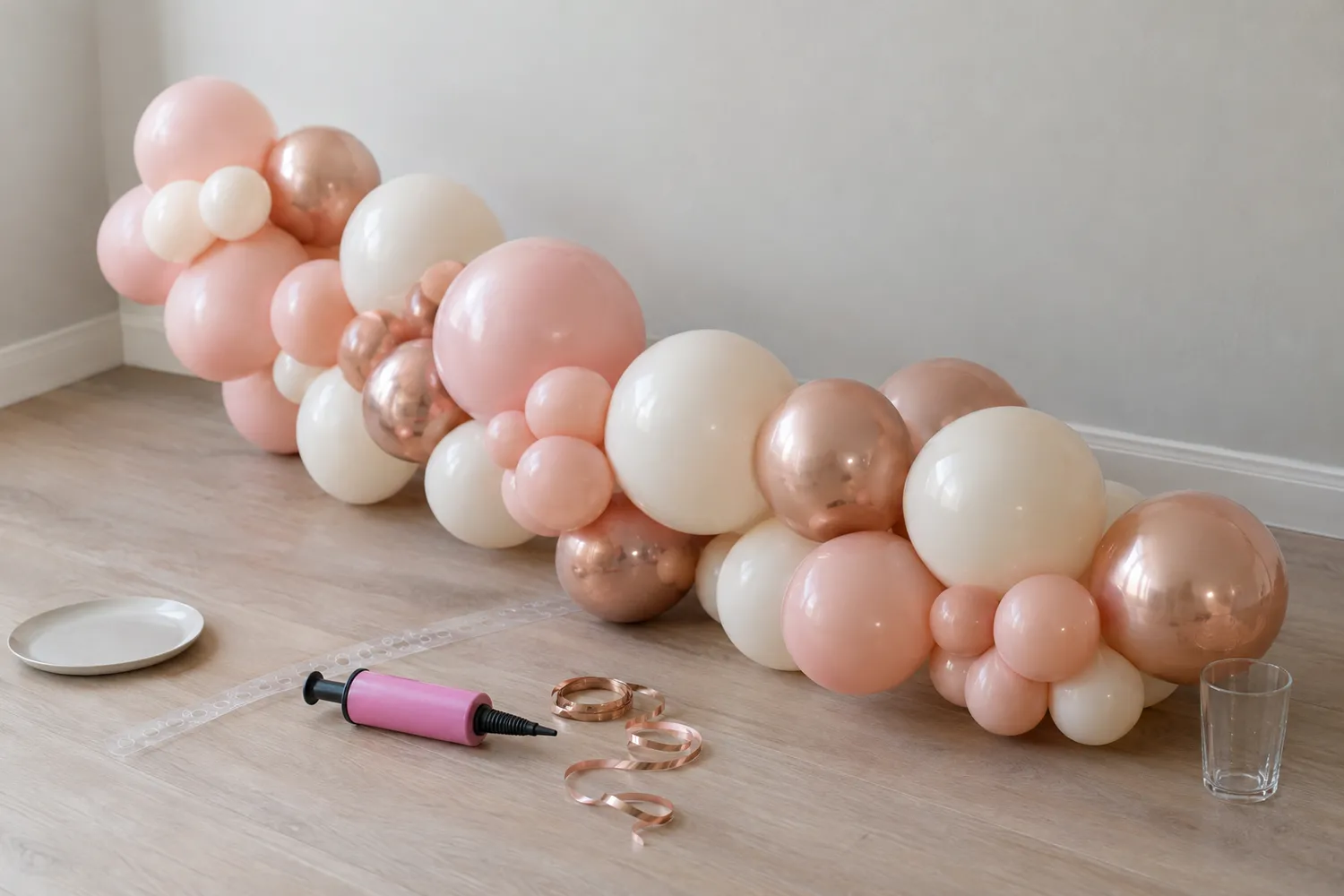 Balon kemeri kurulumu: balon şeridine geçirilmiş pudra ve rose gold balonlar, yanında el pompası ve metalik kurdele