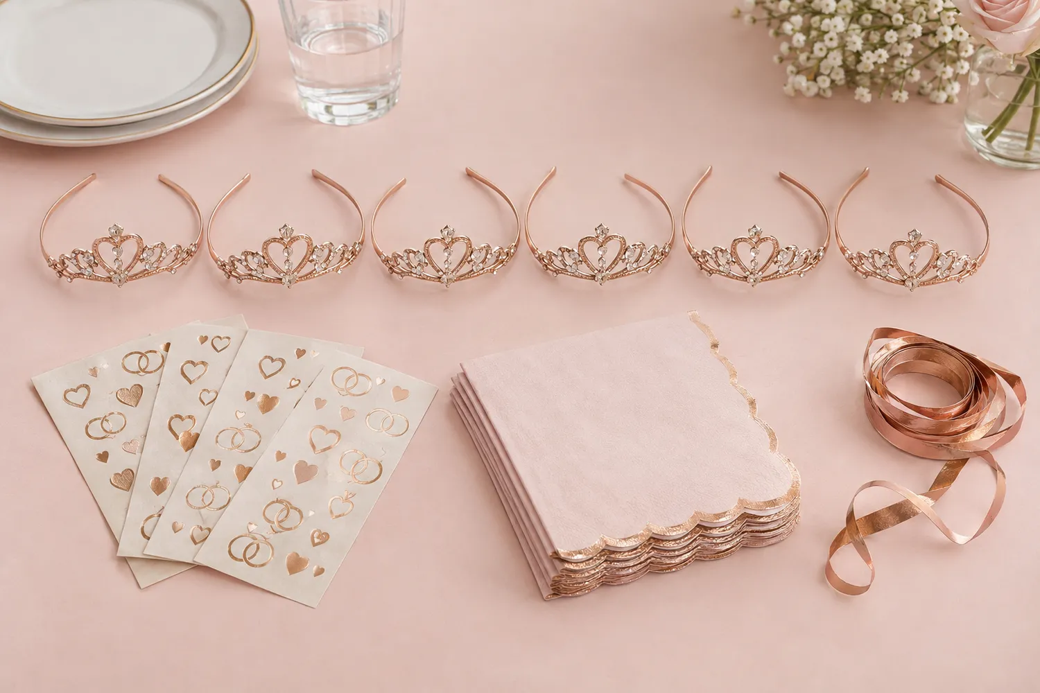 Nedime grubu için hazırlanmış aksesuar seti: sıralanmış rose gold metal taçlar, metalik geçici dövme yaprakları ve katlanmış peçeteler