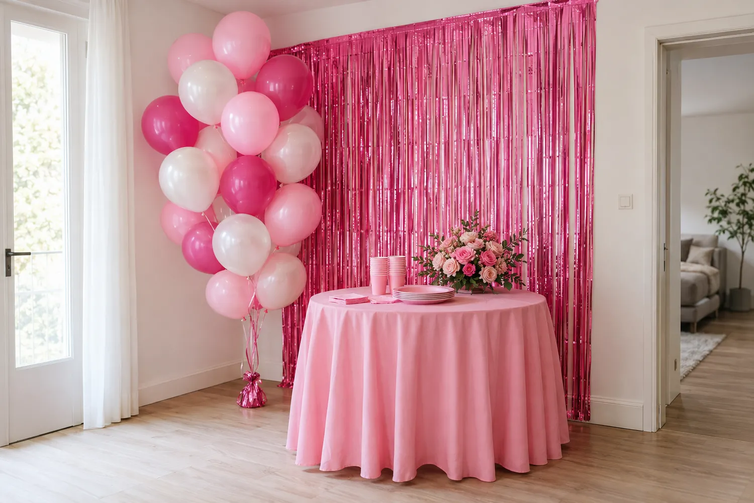 Pembe konseptli bekarlığa veda köşesi: pastel ve fuşya balon kümesi, pembe saçaklı perde ve pembe masa düzeni
