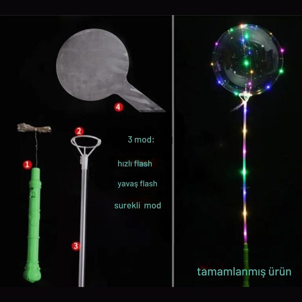 Işıklı balon çubuk setinin parçaları ve hızlı flaş, yavaş flaş, sürekli ışık modları