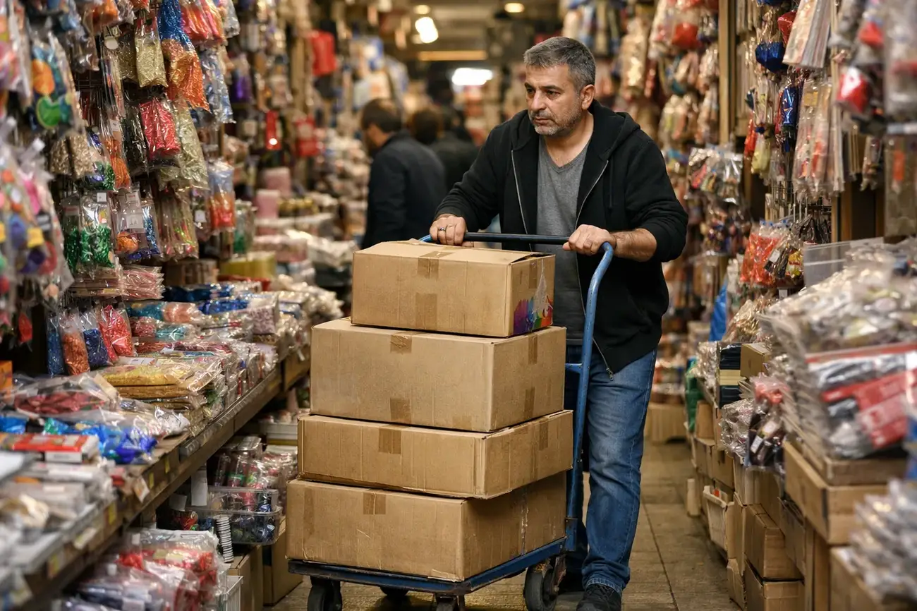 İstanbul’da toptan parti malzemeleri satan bir çarşıda kolilerle alışveriş yapan esnaf