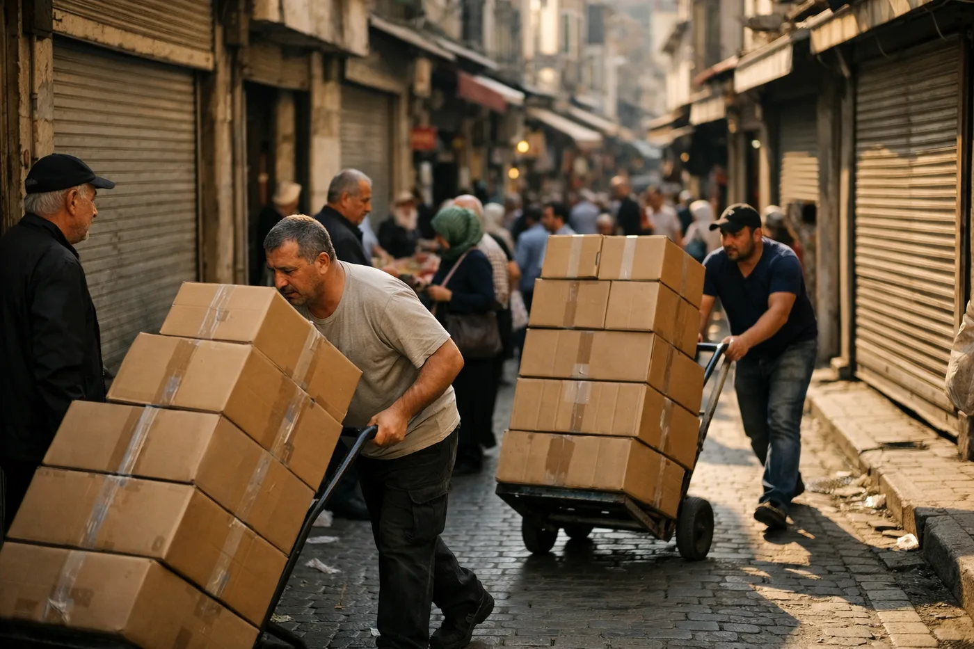 Eminönü-Tahtakale toptan ticaret bölgesinde kolilerle yük taşıyan hamallar