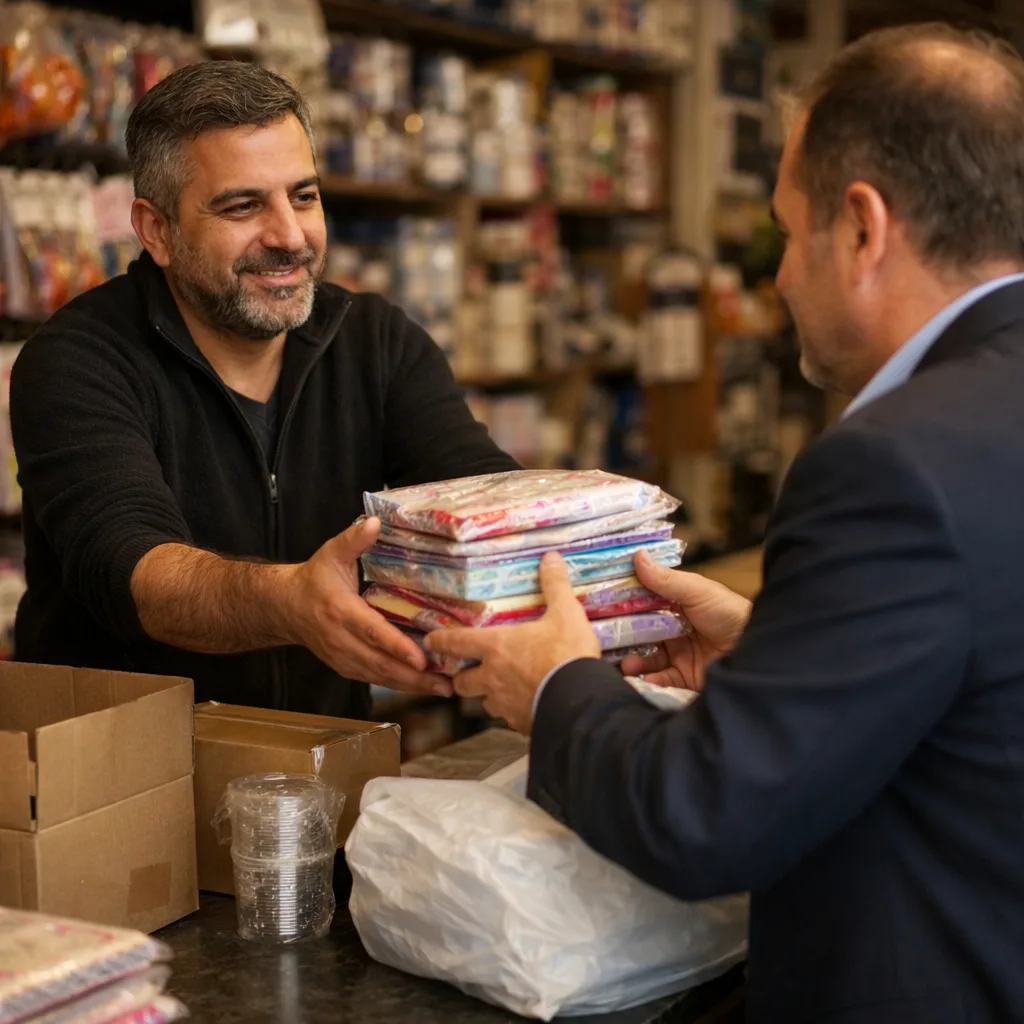 Toptan tezgâhında işletme müşterisine paketli ürün teslim eden esnaf