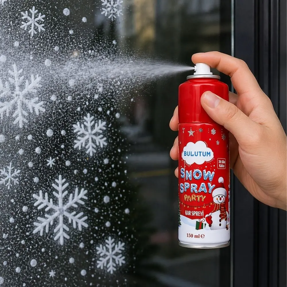 Bulutum 150 ml kalıcı kar spreyi ile cam üzerine kar tanesi desenleri uygulanışı.