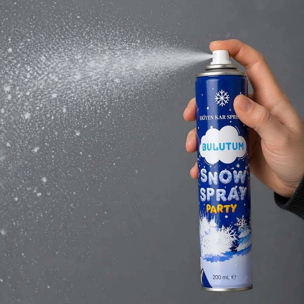 Bulutum 200 ml eriyen kar spreyi ile havada uçuşan geçici kar efekti.